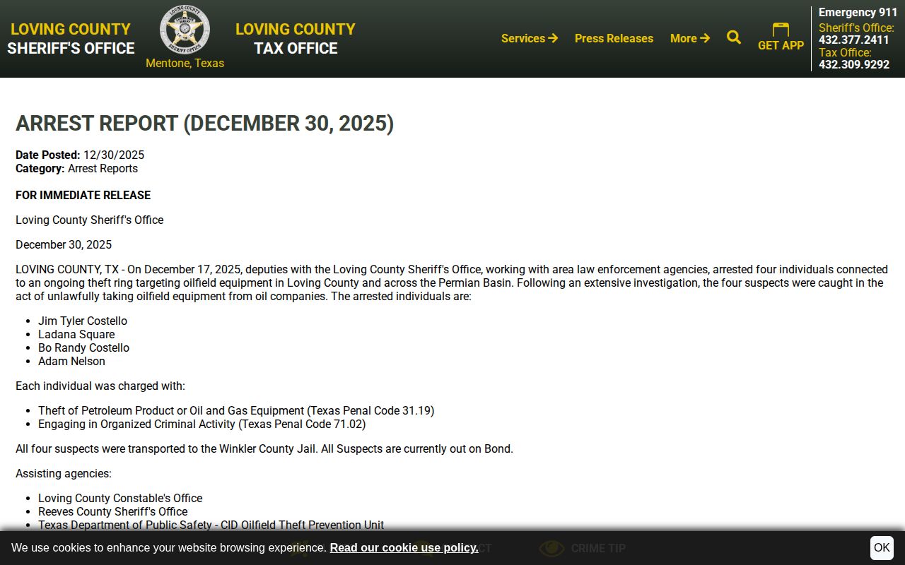 Loving County Sheriff arrest report with an out-on-bond outcome