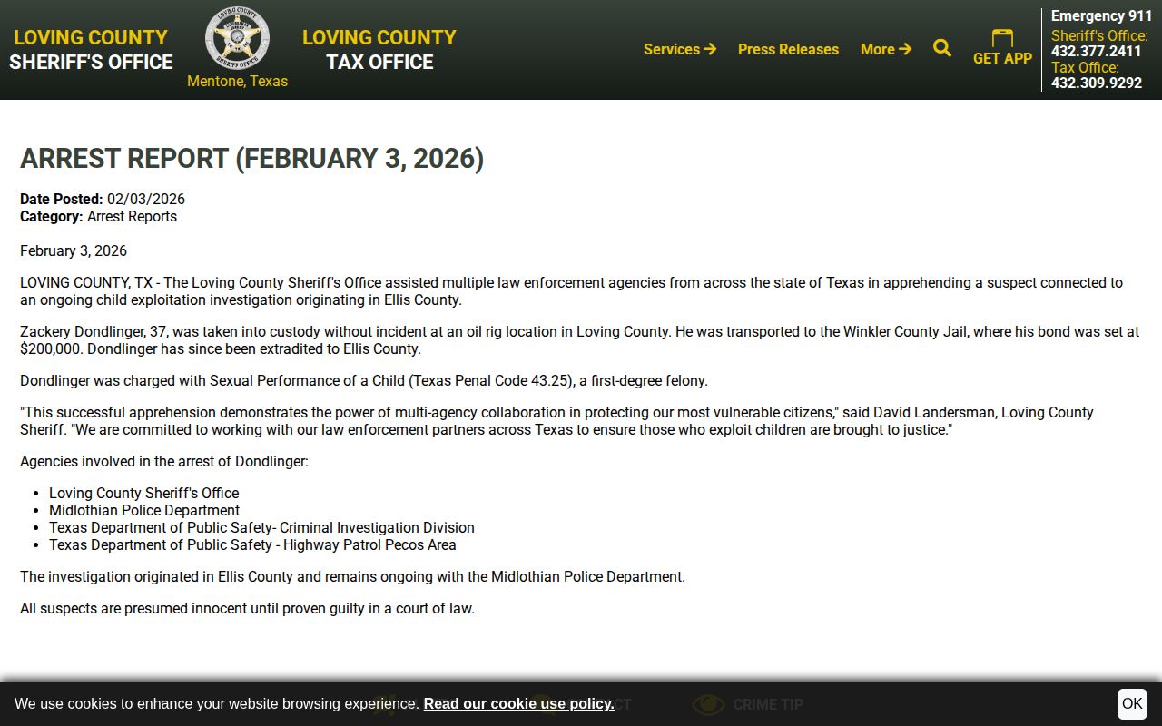 Loving County Sheriff report documenting extradition after Winkler custody