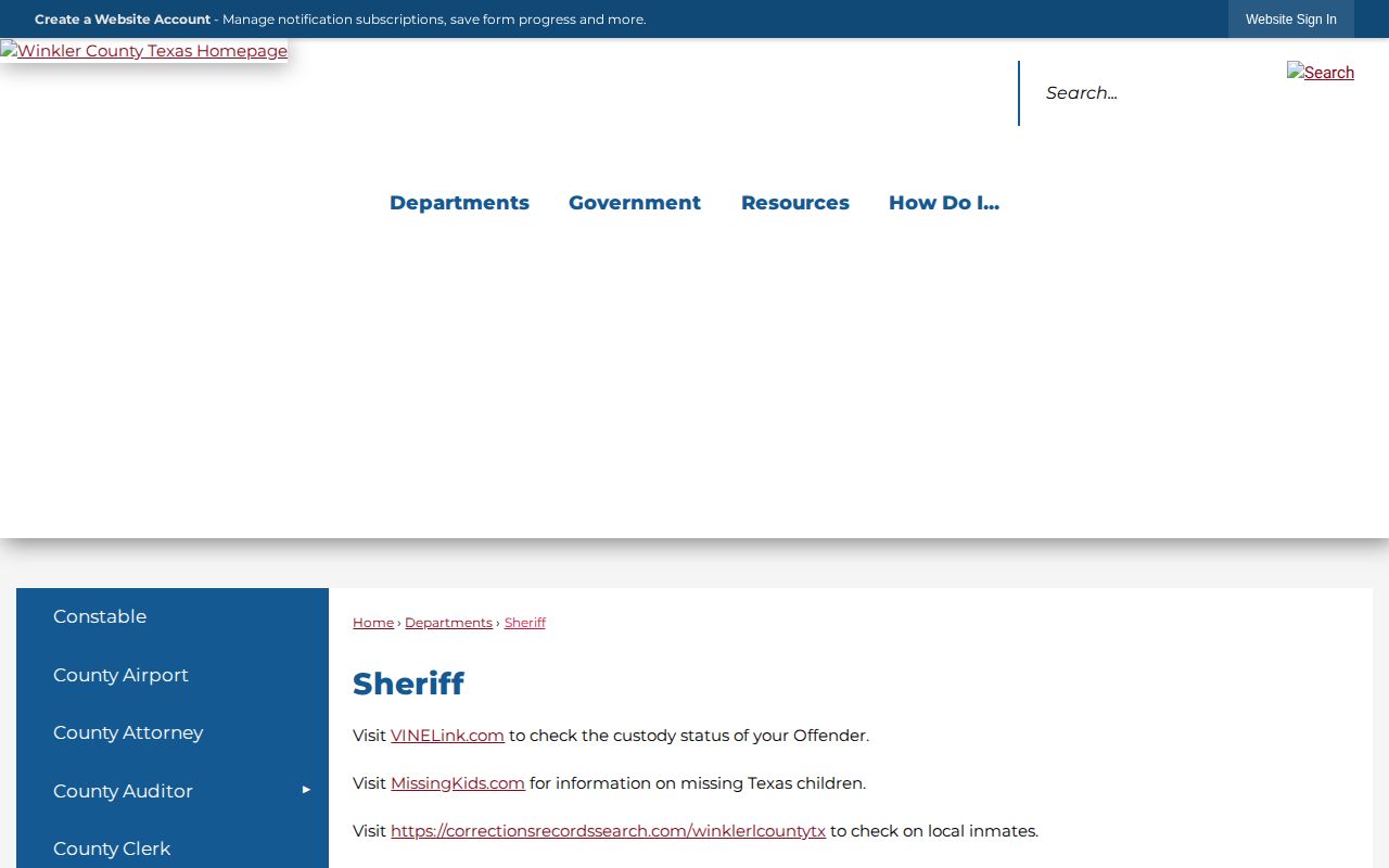 Official Winkler County Sheriff contact page used for Loving County jail inquiries