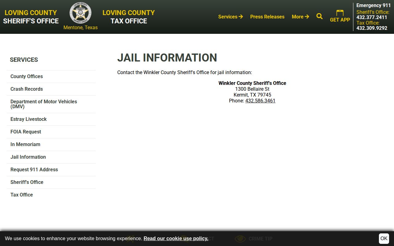 Loving County released inmate jail information routing to Winkler County