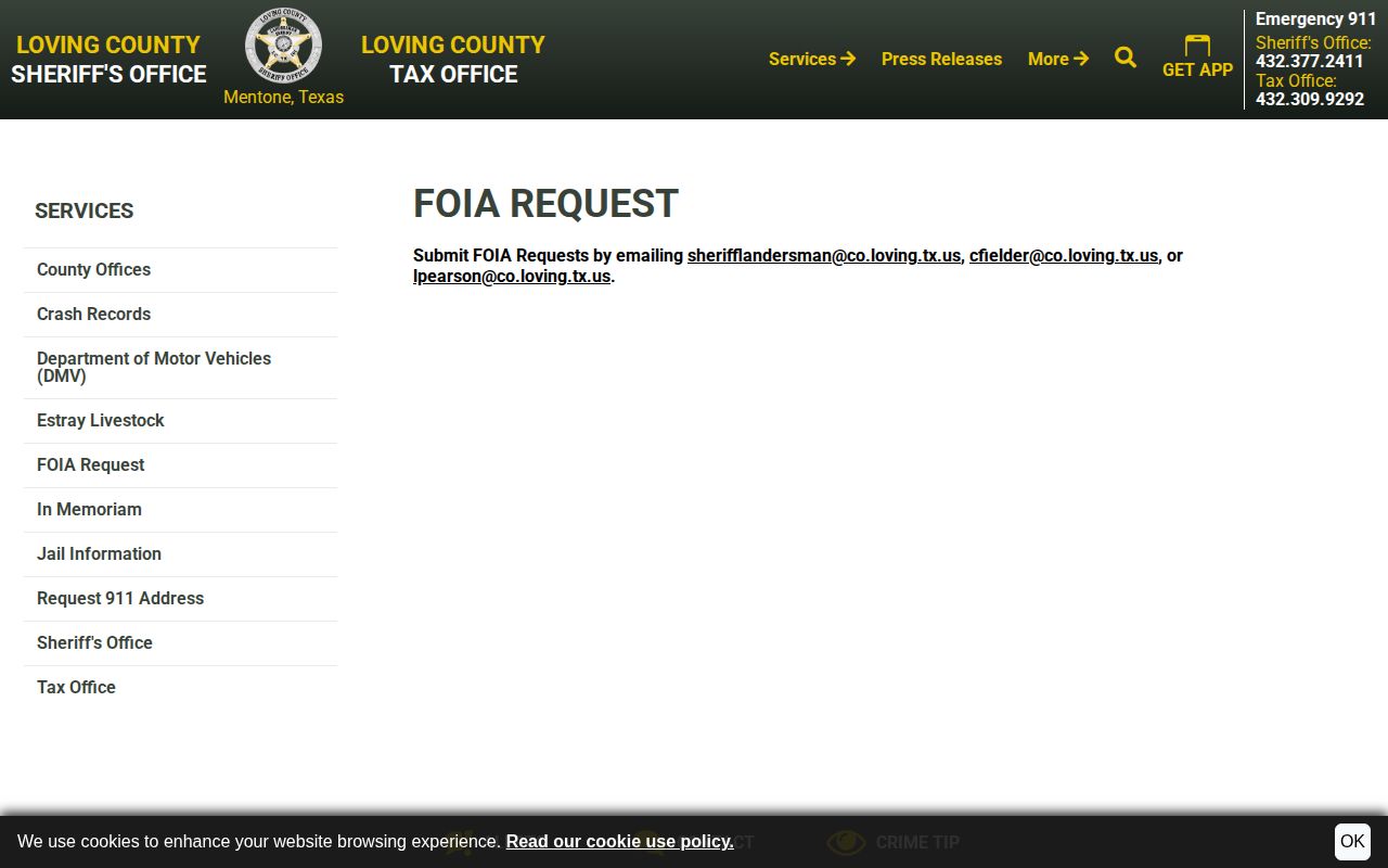 Loving County released inmate records request page