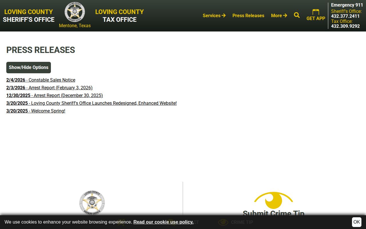 Loving County Sheriff official press release index