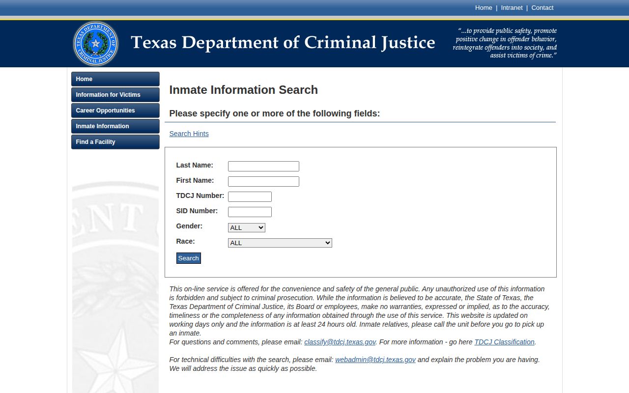 TDCJ offender search for Loving County released inmates