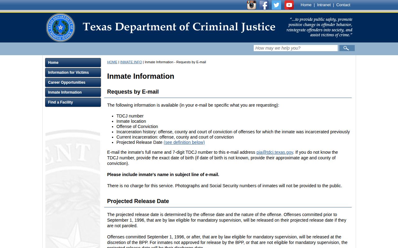 TDCJ Loving County projected release date definition